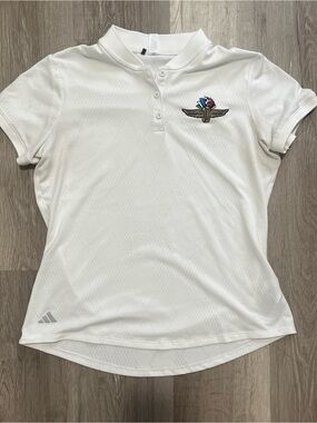 adidas White Short Sleeve Polo with Multicolor Wing Emblem